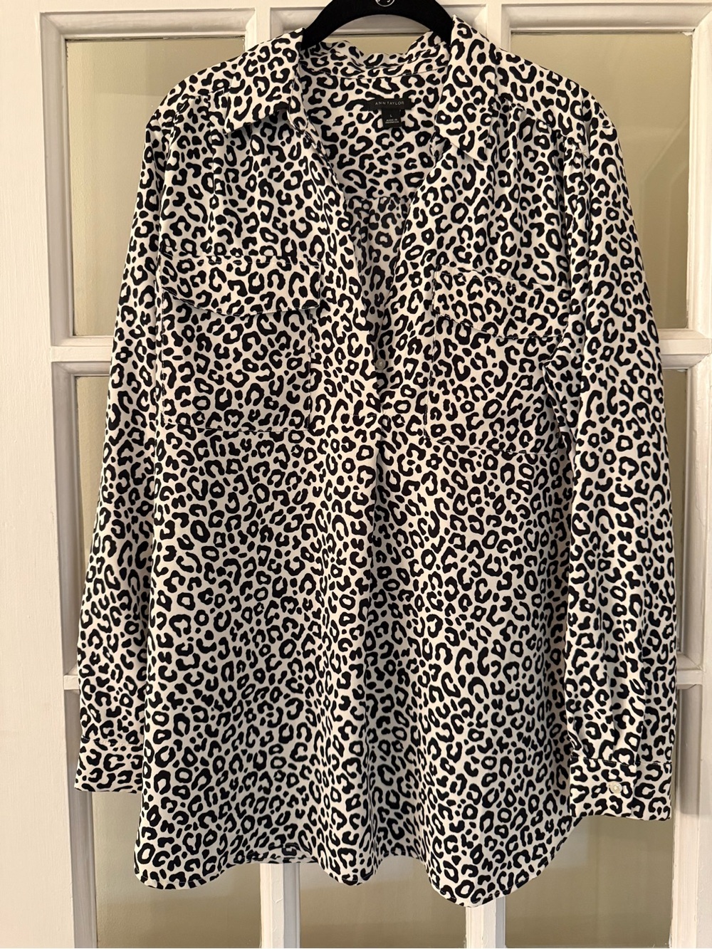 Ann Taylor Leopard Print Camp Shirt Button Down Blouse Size L